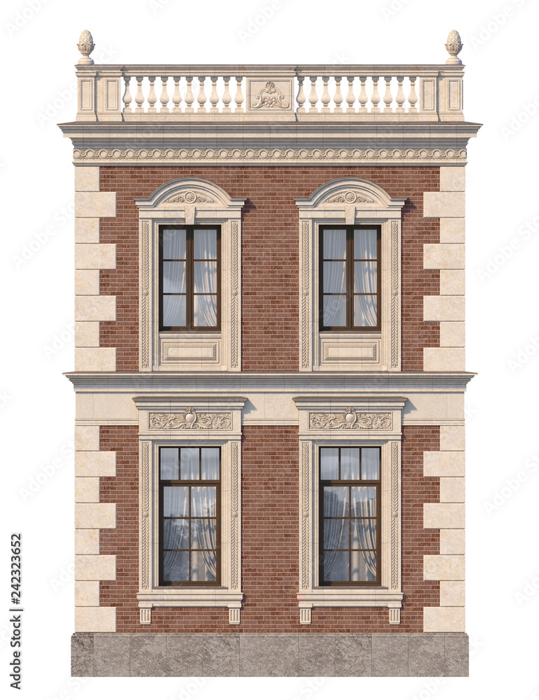 Brick facade of a classic-style house with windows. 3d rendering. Brick facade of a classic-style house with windows. 3d rendering.