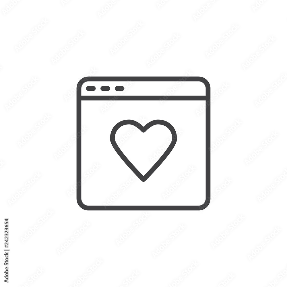 Web page with heart line icon. linear style sign for mobile concept and web design. Browser window with heart outline vector icon. Valentine day website symbol, logo illustration. Pixel perfect vector Web page with heart line icon. linear style sign for mobile concept and web design. Browser window with heart outline vector icon. Valentine day website symbol, logo illustration. Pixel perfect vector