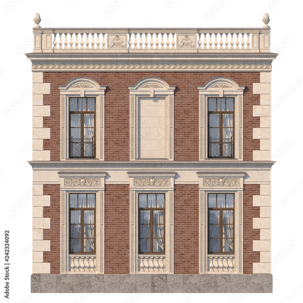 Brick facade of a classic-style house with niche and windows in light colors. 3d rendering.