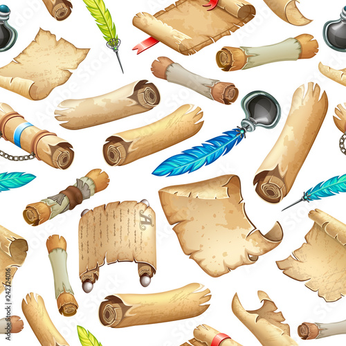 Background old parchments and scrolls decorated ribbon and silver elements. Ancient paper. Pattern vector illustration.