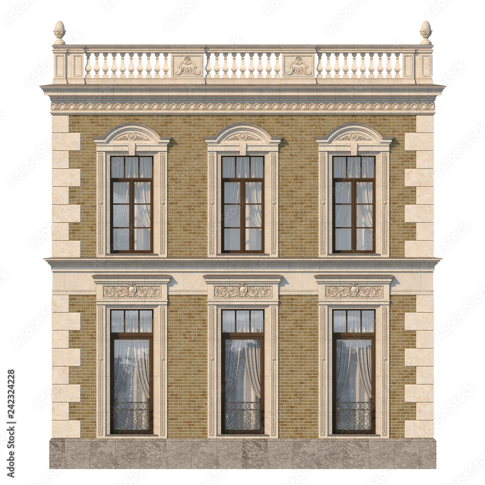 Obraz premium Brick facade of a classic-style house with windows. 3d rendering.