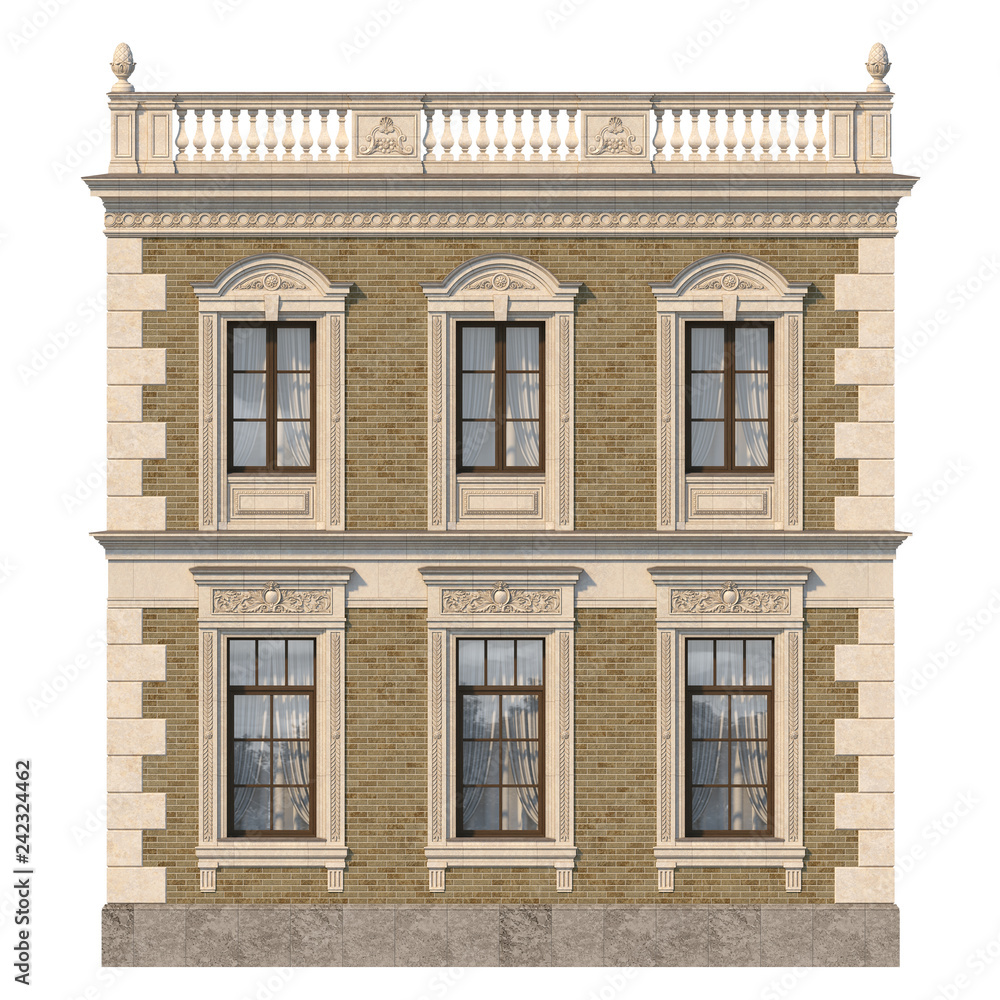 Brick facade of a classic-style house with windows. 3d rendering. Brick facade of a classic-style house with windows. 3d rendering.