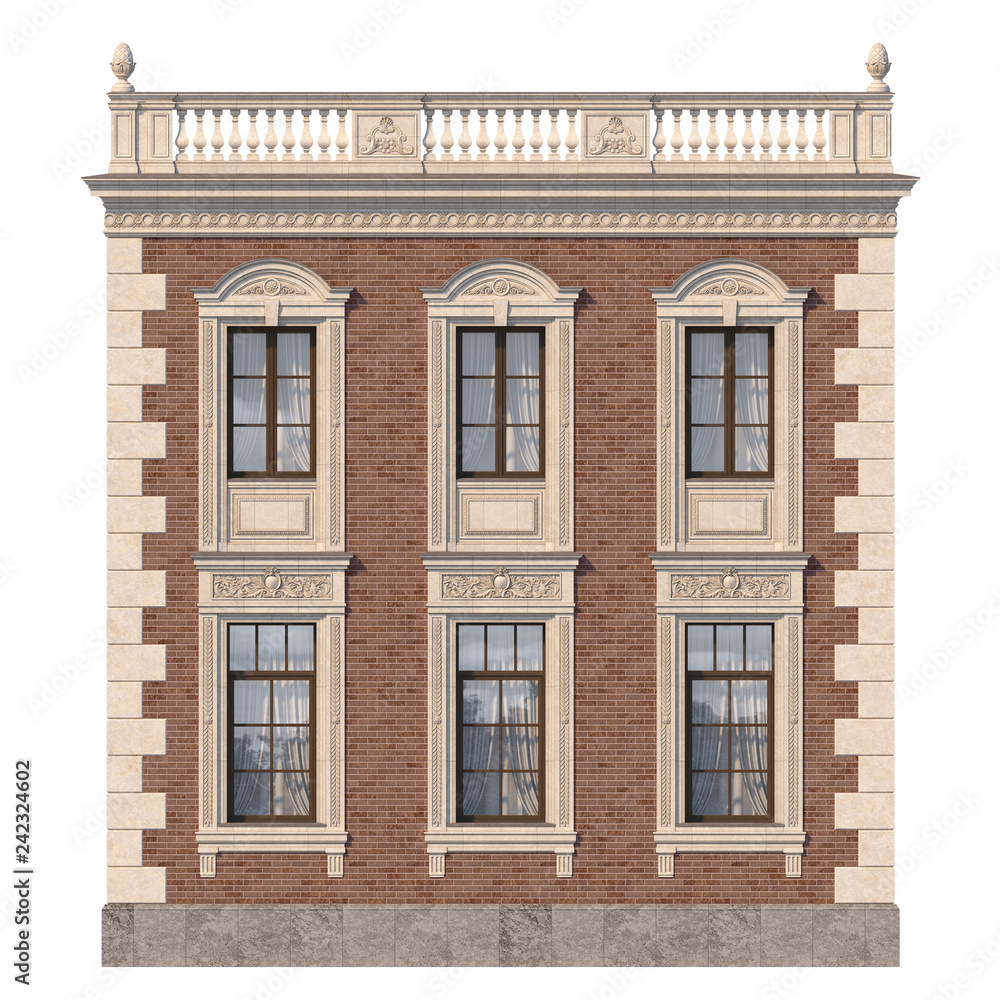 Fototapeta premium Brick facade of a classic-style house with windows. 3d rendering.