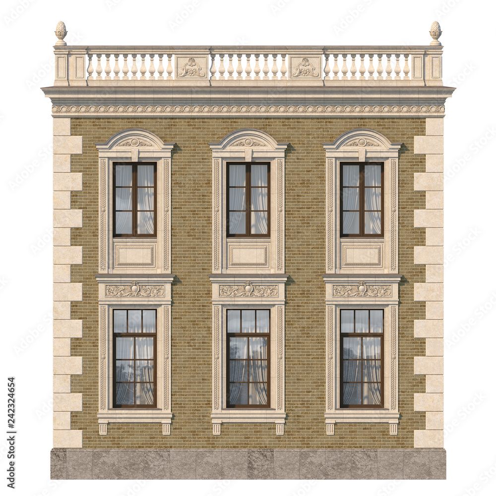 Brick facade of a classic-style house with windows. 3d rendering. Brick facade of a classic-style house with windows. 3d rendering.