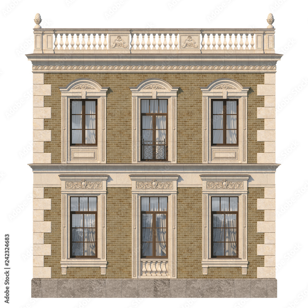 Brick facade of a classic-style house with windows. 3d rendering. Brick facade of a classic-style house with windows. 3d rendering.