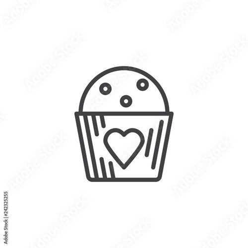 Cupcake with heart line icon. linear style sign for mobile concept and web design. Valentine's Day cupcake outline vector icon. Symbol, logo illustration. Pixel perfect vector graphics