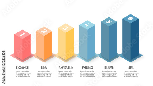 Isometric infographics. Bar chart, graph with 6 steps, options. Vector template.
