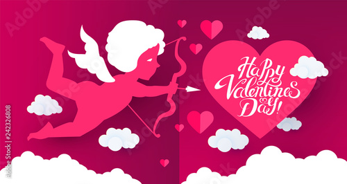 Happy Valentine s Day. Cute Design Template with Hearts, Cloud and Cupid Holding Bow and Arrow.