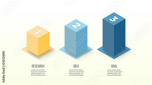 Isometric infographics. Bar chart, graph with 3 steps, options. Vector template.