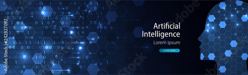 Artificial intelligence (AI) and big data concept. Machine cyber mind.  Humen face with binary data flow. Technology vector background.