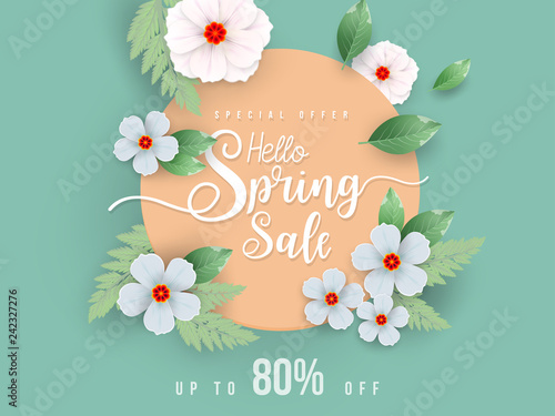 Spring Sale Banner with green leaf and colorful background. Vector Design for your greetings card, flyers,  web banner , invitation, posters, brochure, banners, calendar, spring sale.