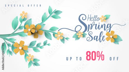Spring Sale Banner with green leaf and colorful background. Vector Design for your greetings card, flyers,  web banner , invitation, posters, brochure, banners, calendar, spring sale.