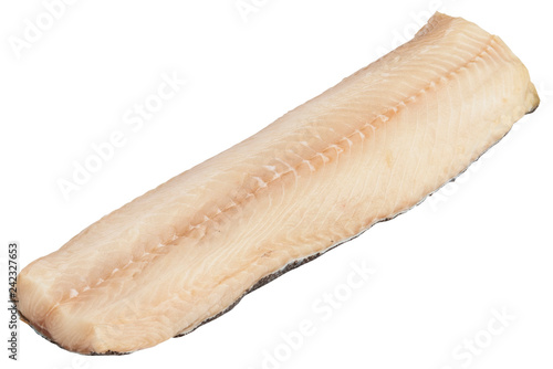 Piece of sea fish fillet isolated on white. Healthy seafood.
