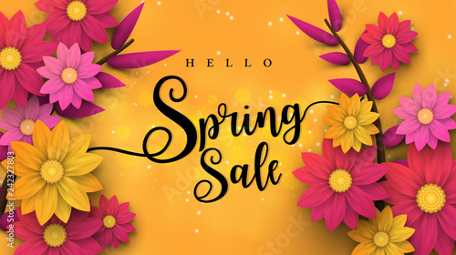 Spring Sale Banner with leaf and colorful flowers. Vector Design for your greetings card, flyers,  web banner , invitation, posters, brochure, banners, calendar, spring sale.