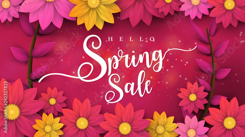 Spring Sale Banner with leaf and colorful flowers. Vector Design for your greetings card, flyers,  web banner , invitation, posters, brochure, banners, calendar, spring sale.