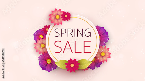 Spring Sale Banner with leaf and colorful flowers. Vector Design for your greetings card, flyers,  web banner , invitation, posters, brochure, banners, calendar, spring sale.