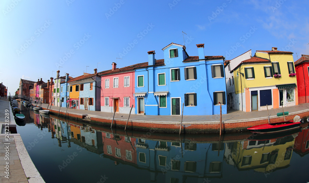 houses in the Burano Isle near Venice in Italy by fish eye lens