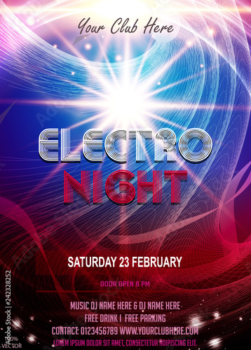 Electro night party flyer poster. Futuristic club flyer design template. DJ advertising, digital creative club entertainment. 
