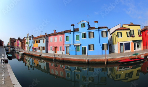 houses in the Burano Isle near Venice in Italy by fish eye lens