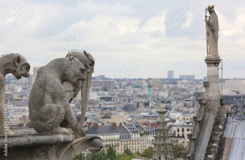 statue on the roof of the cathedral of Notre Dame in Paris while