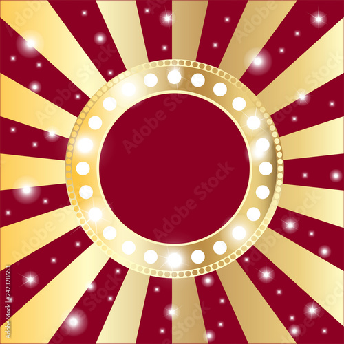 Christmas and New Year vintage decoration. Golden ring and garlands on retro manga background. Red decorative shining frame. Vector illustration