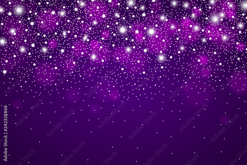 Winter violet glowing background of falling snow. Christmas and New Year card design. Vector illustration
