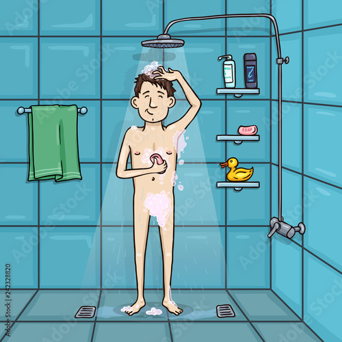 Vector Cartoon Illustration - White Man Character Taking Shower