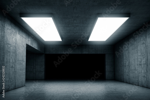 Empty dark abstract concrete room with the gate. Interior concept background. 3d illustration