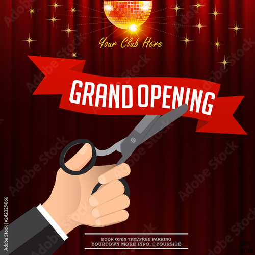 Grand opening business banner. Hand holding scissors and cutting red ribbon on curtains background. Flat style