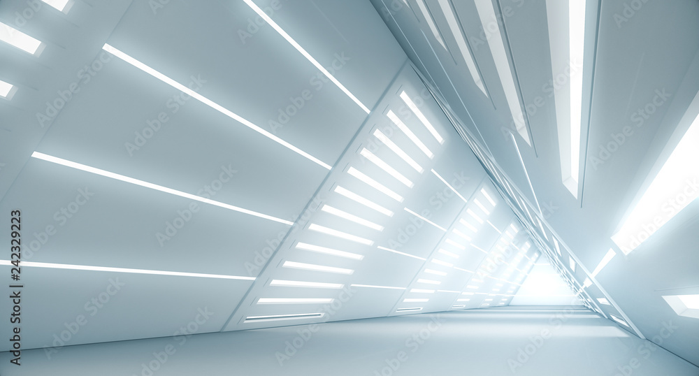 Fototapeta premium Abstract Triangle Spaceship corridor. Futuristic tunnel with light. Future interior background, business, sci-fi science concept. 3d rendering