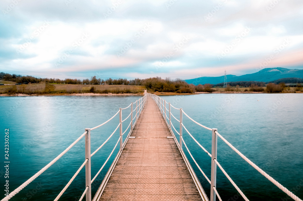 floating bridge in the reservoir of Ullibarri Gamboa, Alava, Basque Country floating bridge in the reservoir of Ullibarri Gamboa, Alava, Basque Country