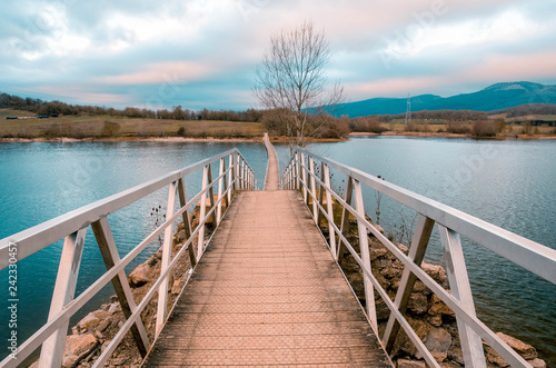 floating bridge in the reservoir of Ullibarri Gamboa  Alava  Basque Country