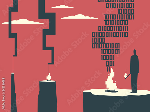 Man standing on the rock near to digital watch-fire. Data transfer metaphor illustration. Clipping mask used.