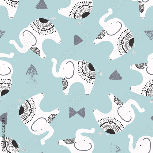 cute elephants and textured triangles vector repeat pattern background in white, black and blue