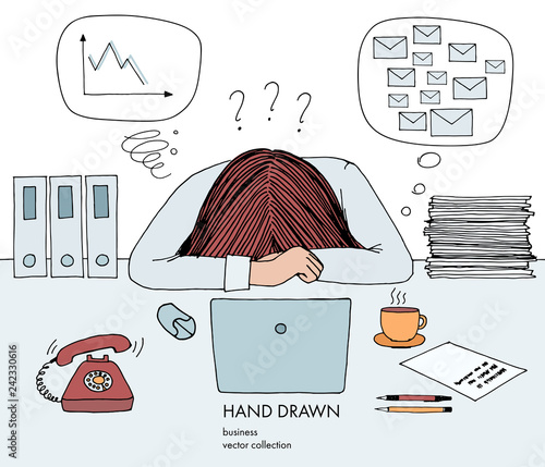 Young businesswoman laid her head down on the table. Telephone rings, a lot of inbox mails, bad schedule, no idea what to do. Hand drawn vector sketch illustration isolated on white background