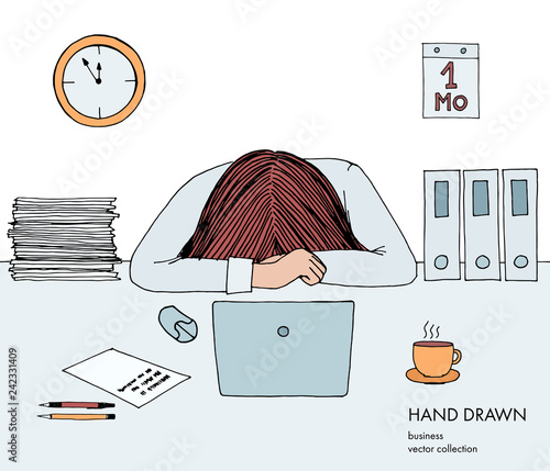 Young businesswoman laid her head down on the table. Frustrated, exhausted, sleepy, tired of work. Laptop, computer, pc, papers, coffee. Hand drawn vector sketch illustration isolated on white
