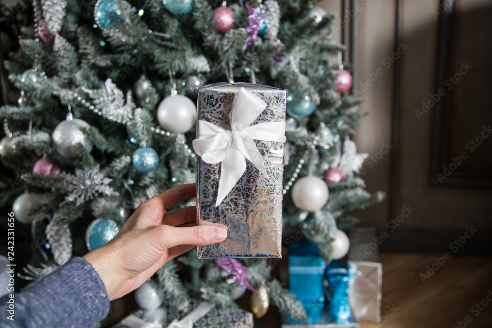 Silvery small box with a gift in hands of the young girl and a New Year's fir-tree at a background Silvery small box with a gift in hands of the young girl and a New Year's fir-tree at a background