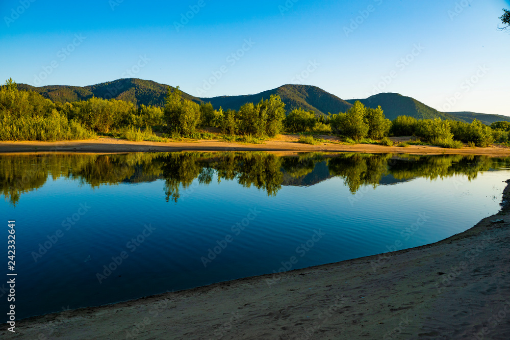 mountains, river, river ditches, water, shore, trees, grass, plants, sky, reflection, observation, walk, rest