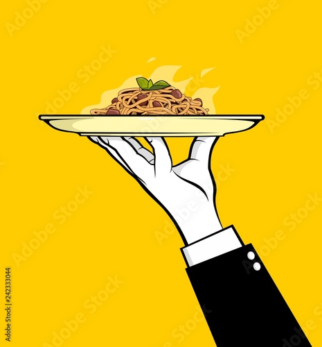 Waiter holding pasta dish