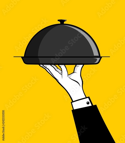 Waiter holding closed tray