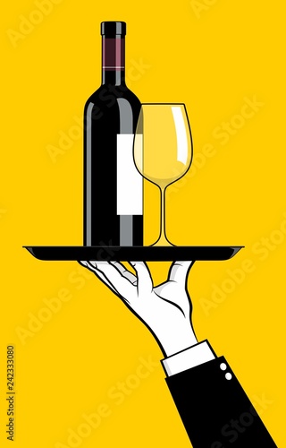 Waiter holding red wine bottle and empty glass on tray