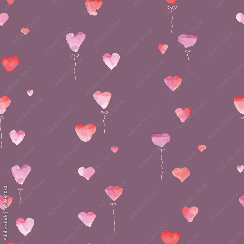 Vector Watercolor Heart Balloons seamless pattern background. Perfect for fabric, scrapbooking and wallpaper projects.