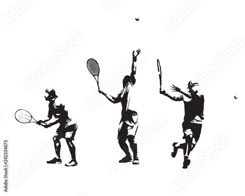 Group of tennis players, set of vector silhouettes. Isolated ink drawings