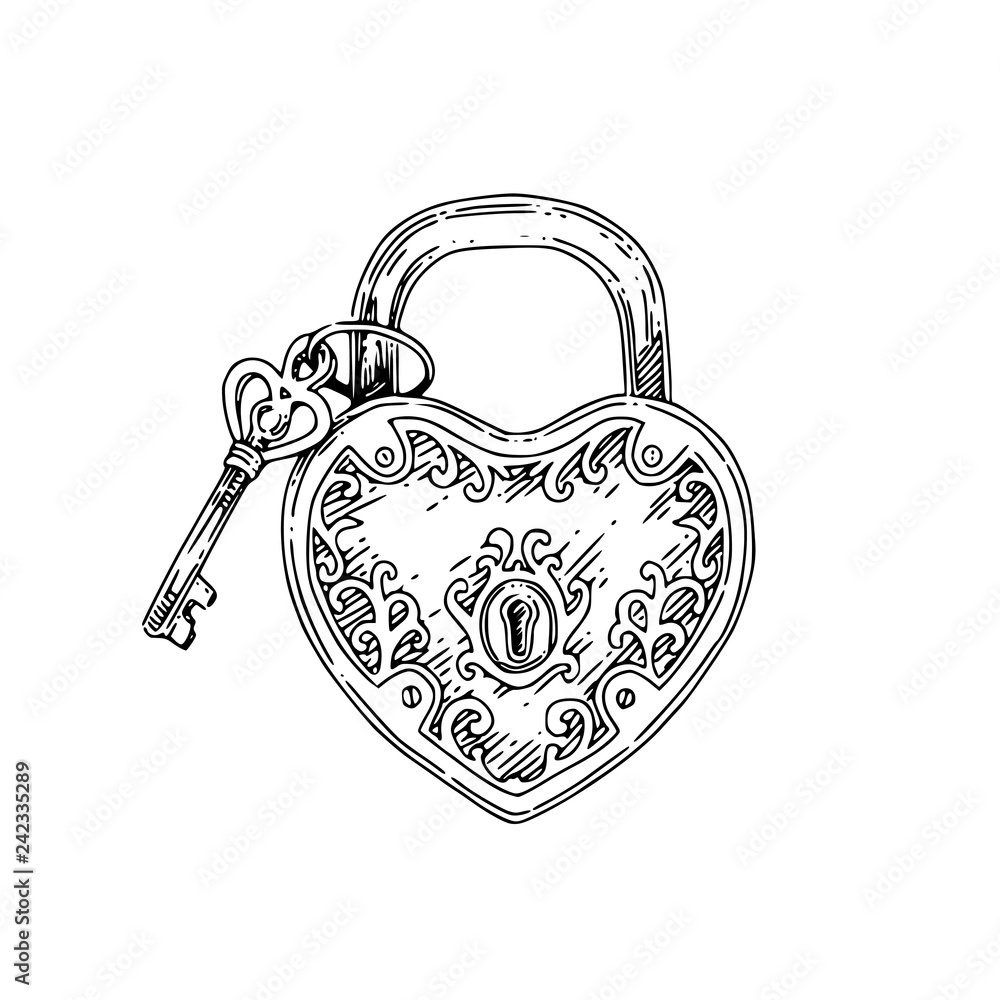 Heartshaped padlock and key. Sketch. Engraving style. Vector