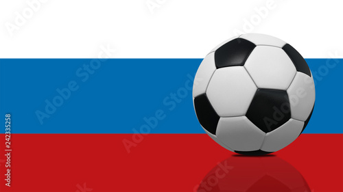 Realistic soccer ball on Russia flag background.