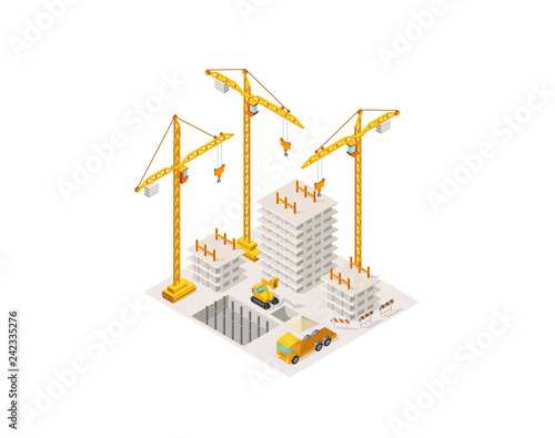 Construction building a house isometric. Lifting crane. Process of construction concrete frame building area.
