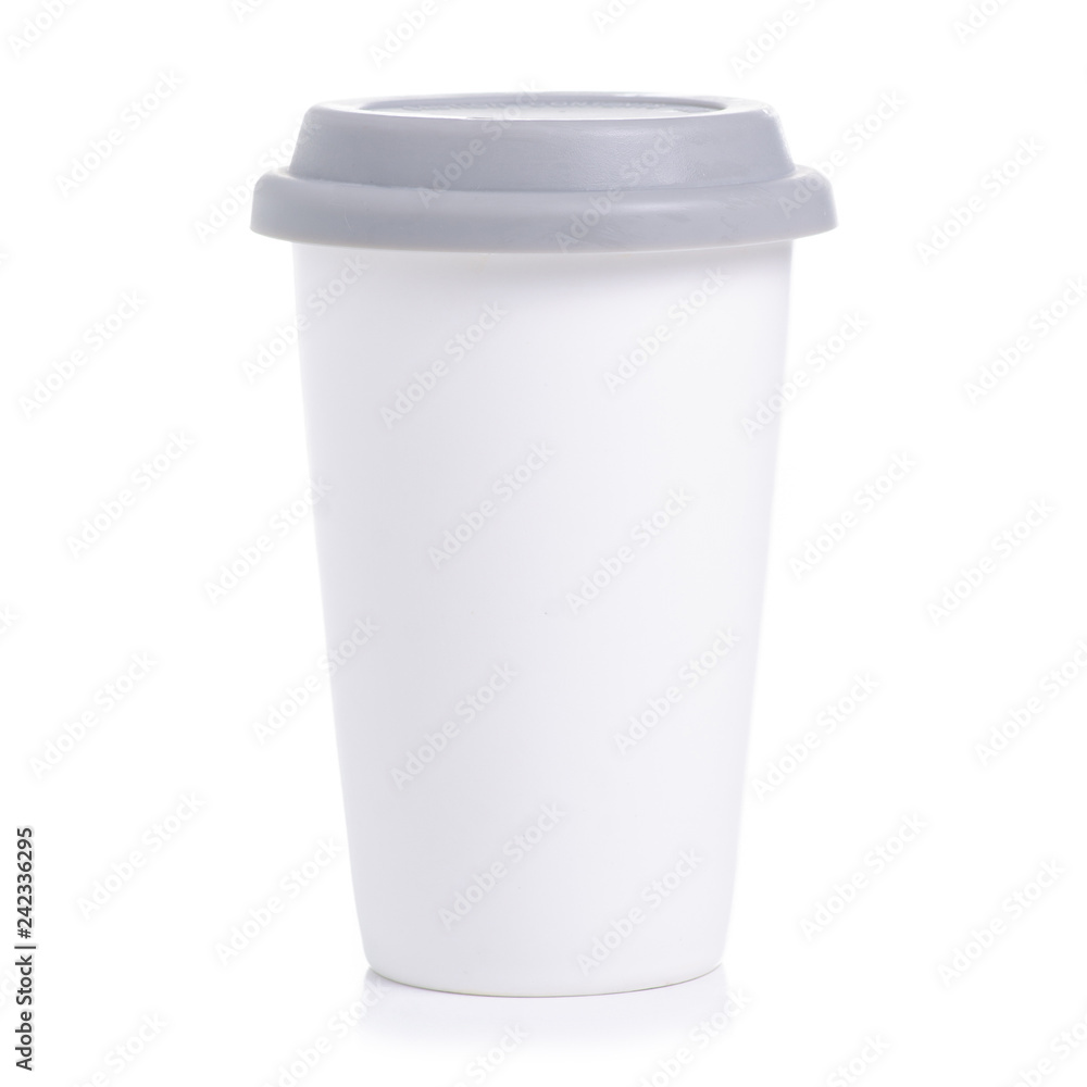 White cup mug with gray lid on white background isolation White cup mug with gray lid on white background isolation