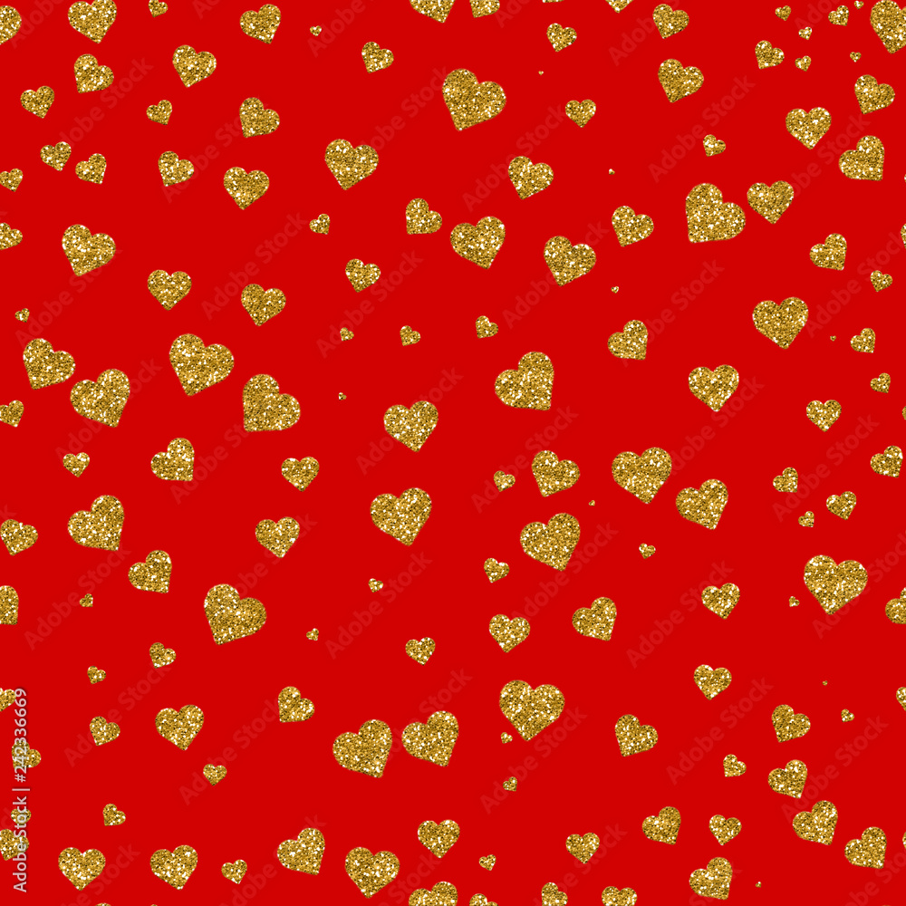 seamless pattern from gloving gold hearts on a red background. Valentine's day seamless pattern from gloving gold hearts on a red background. Valentine's day