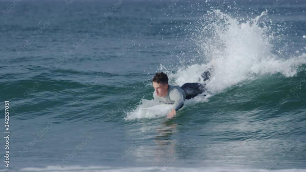 Surfer Paddles Hard To Catch Wave, He Stands Up And Rides It, Jumps Off His Board (Slow Motion) Surfer Paddles Hard To Catch Wave, He Stands Up And Rides It, Jumps Off His Board (Slow Motion)