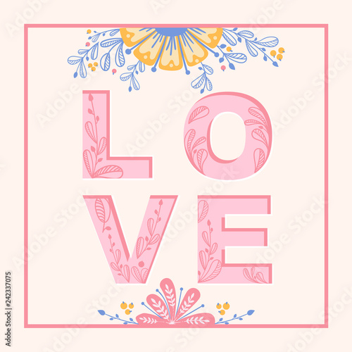 Love vector cart with flowers and floral pattern in candy colors. Hand drawing botanical illustration